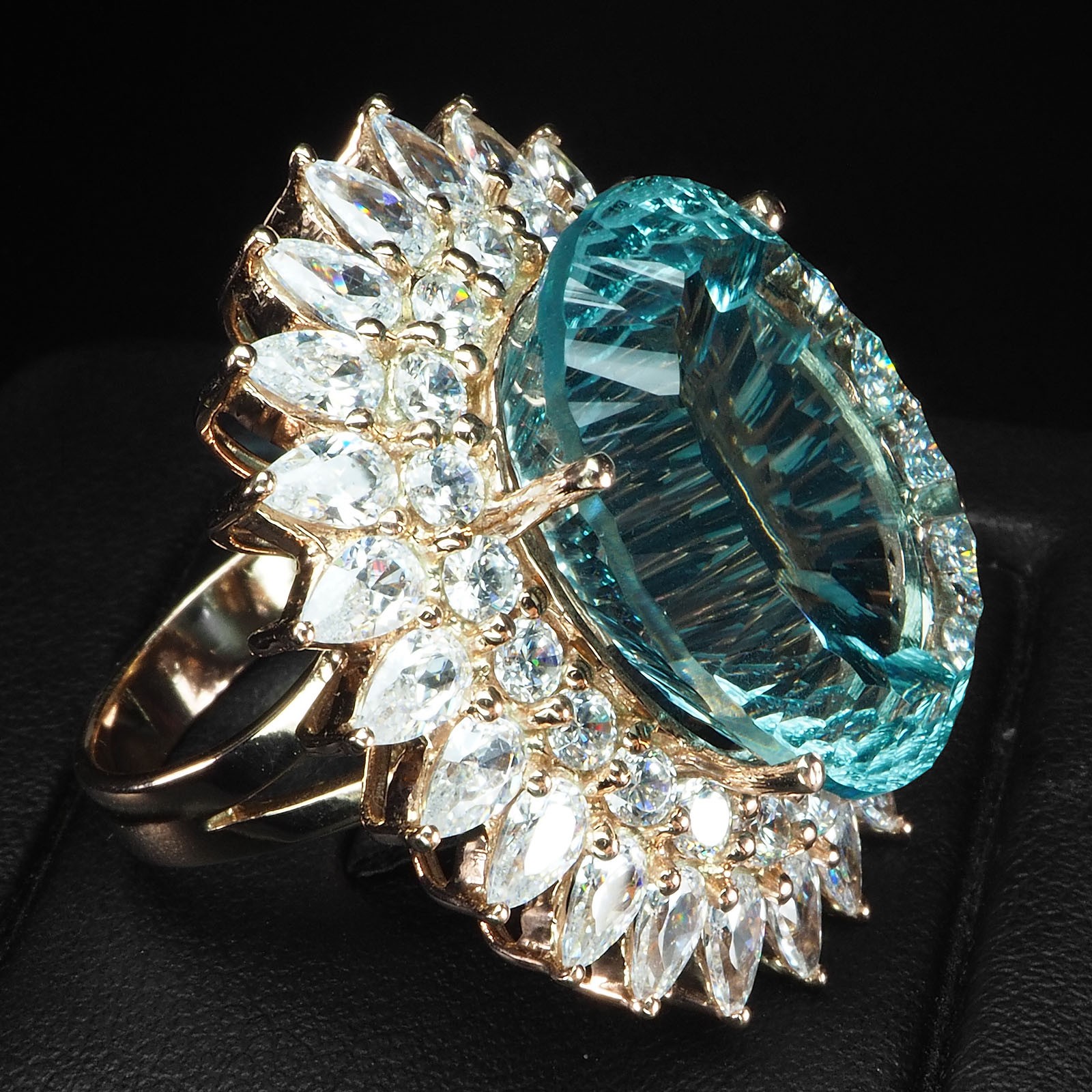 Charming Sea Blue Aquamarine Concave 26.75Ct 925 Sterling Silver Rose Gold Rings