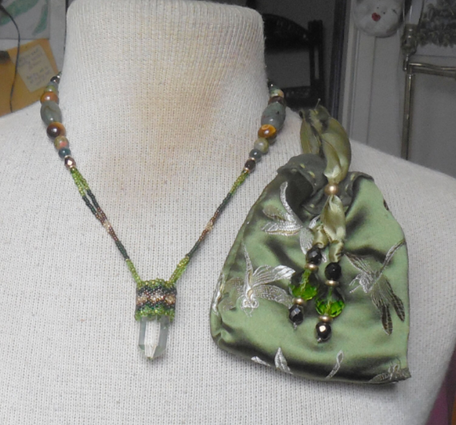 Quartz Crystal Point Beaded Necklace w/ Bloodstone Tigers Eye Unakite Moss Agate