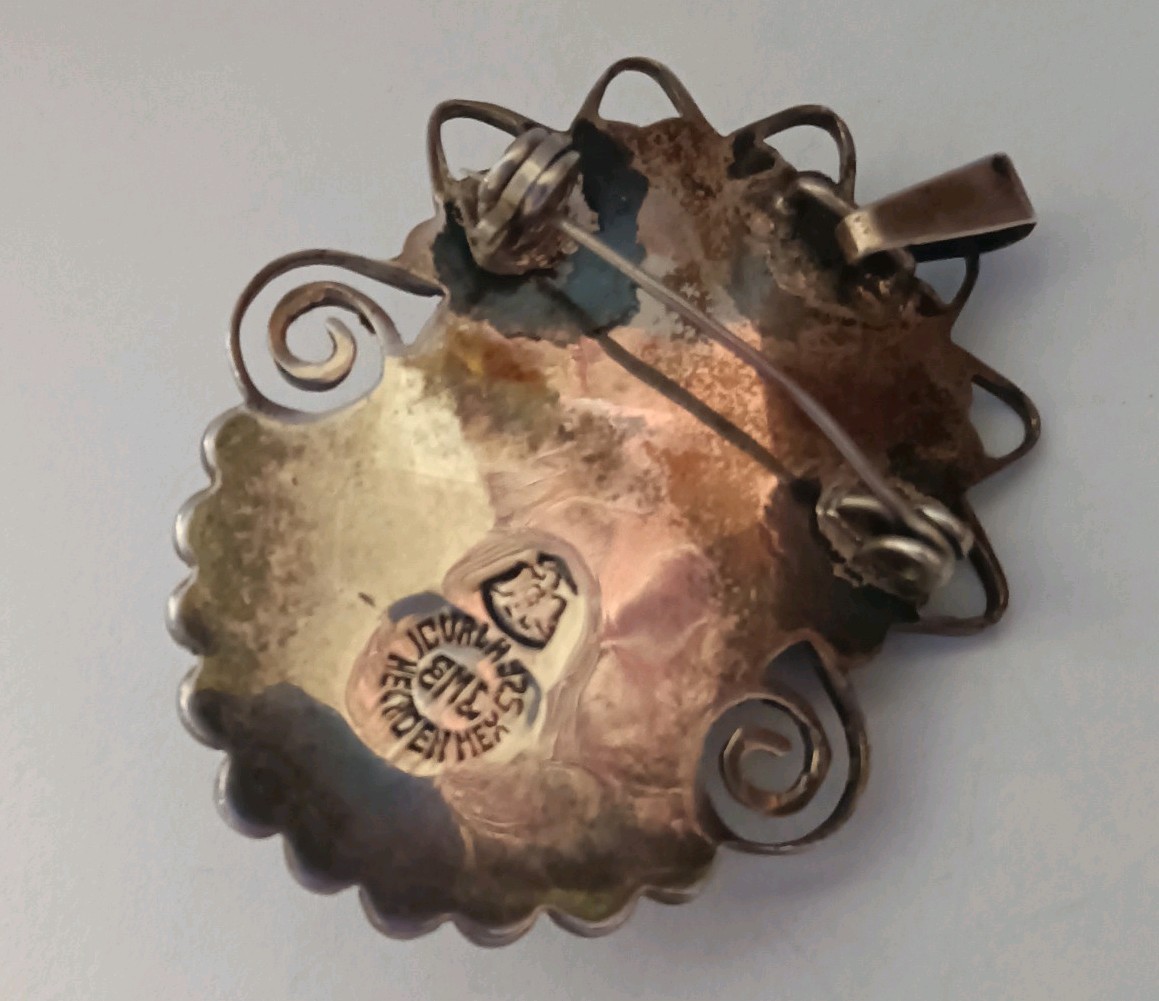 Vintage Mexican Aztec Face Mahogany Obsidian Brooch Pendant Sterling Marked