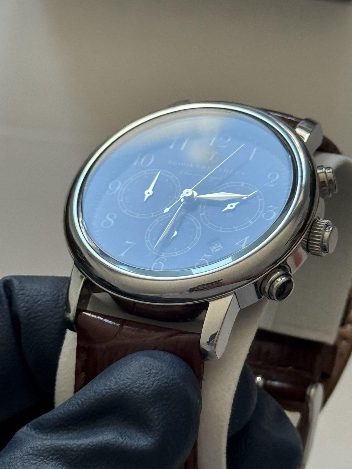 Brooks Brothers Men’s Navy Blue Bezel Watch with Brown Leather Strap and Case