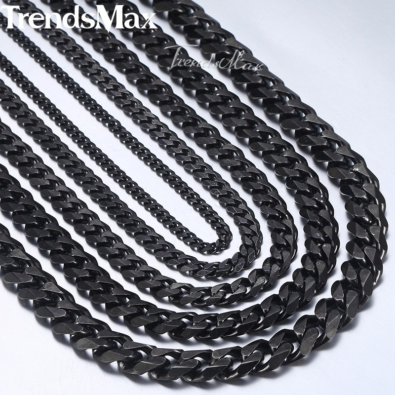 3/5/7/9/11mm 18-34″ Black Stainless Steel Necklace for Men Boys Curb Cuban Chain