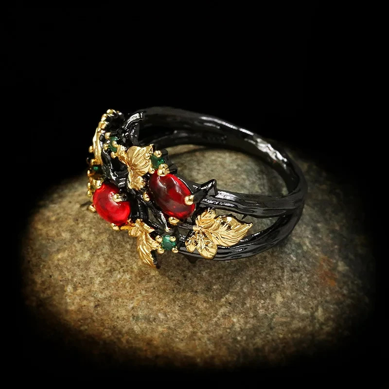 Statement Black Red Ruby Emerald Ring Vintage Leaf Branch Jewelry Size 6-10