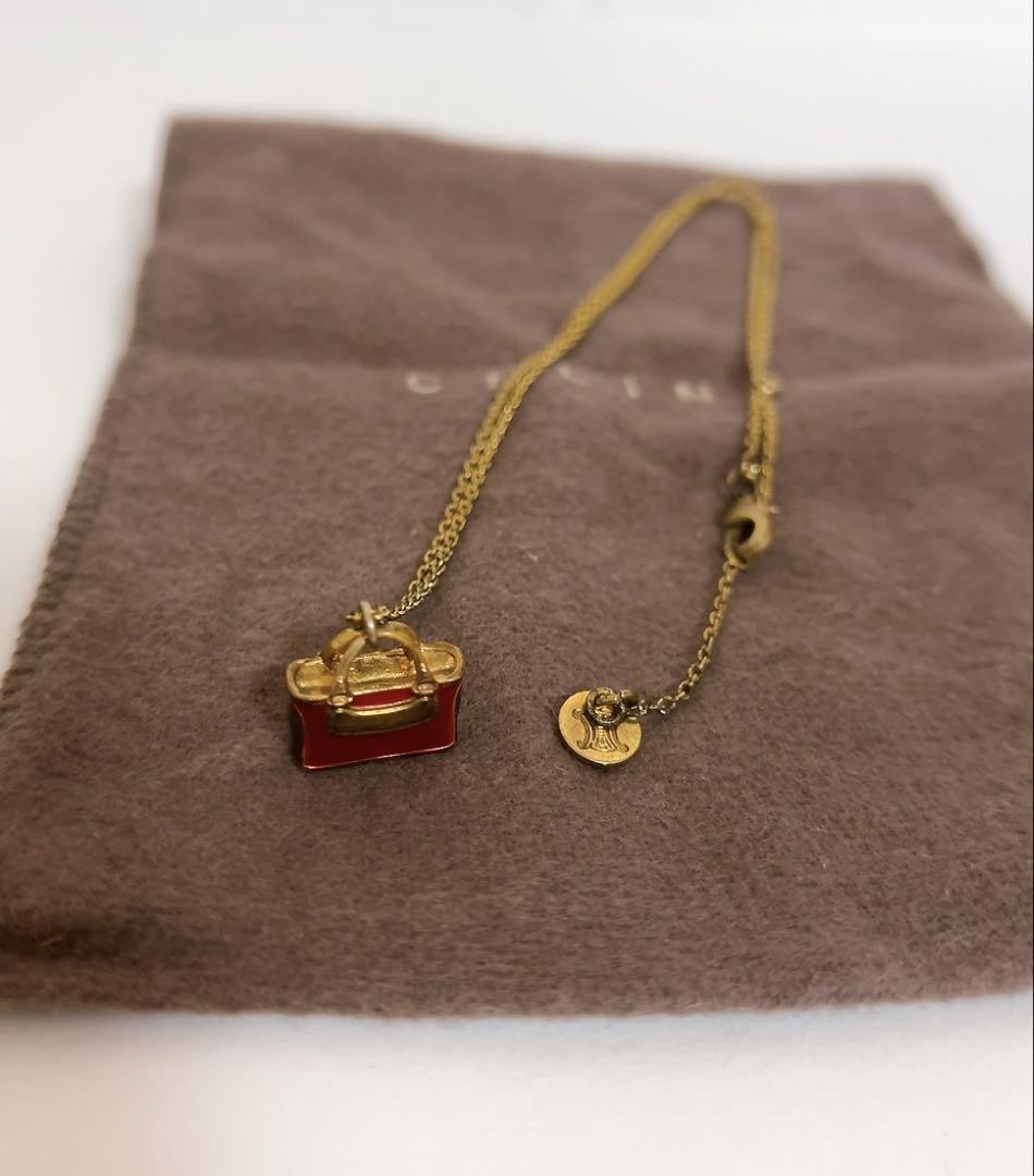 CELINE Necklace Handbag Motif Pendant Enamel Red Gold Length: 20.5 in.Vintage