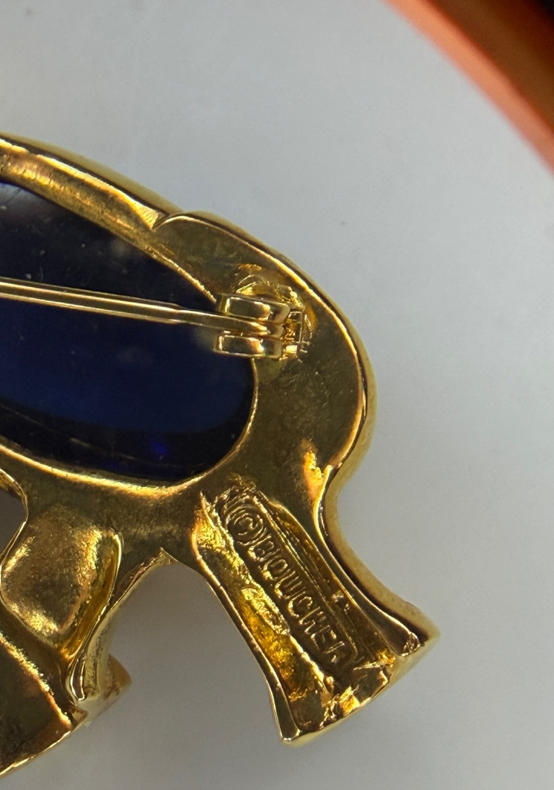 Signed Boucher Elephant Jelly Belly Brooch Blue W Clear Rhinestones Figural RARE