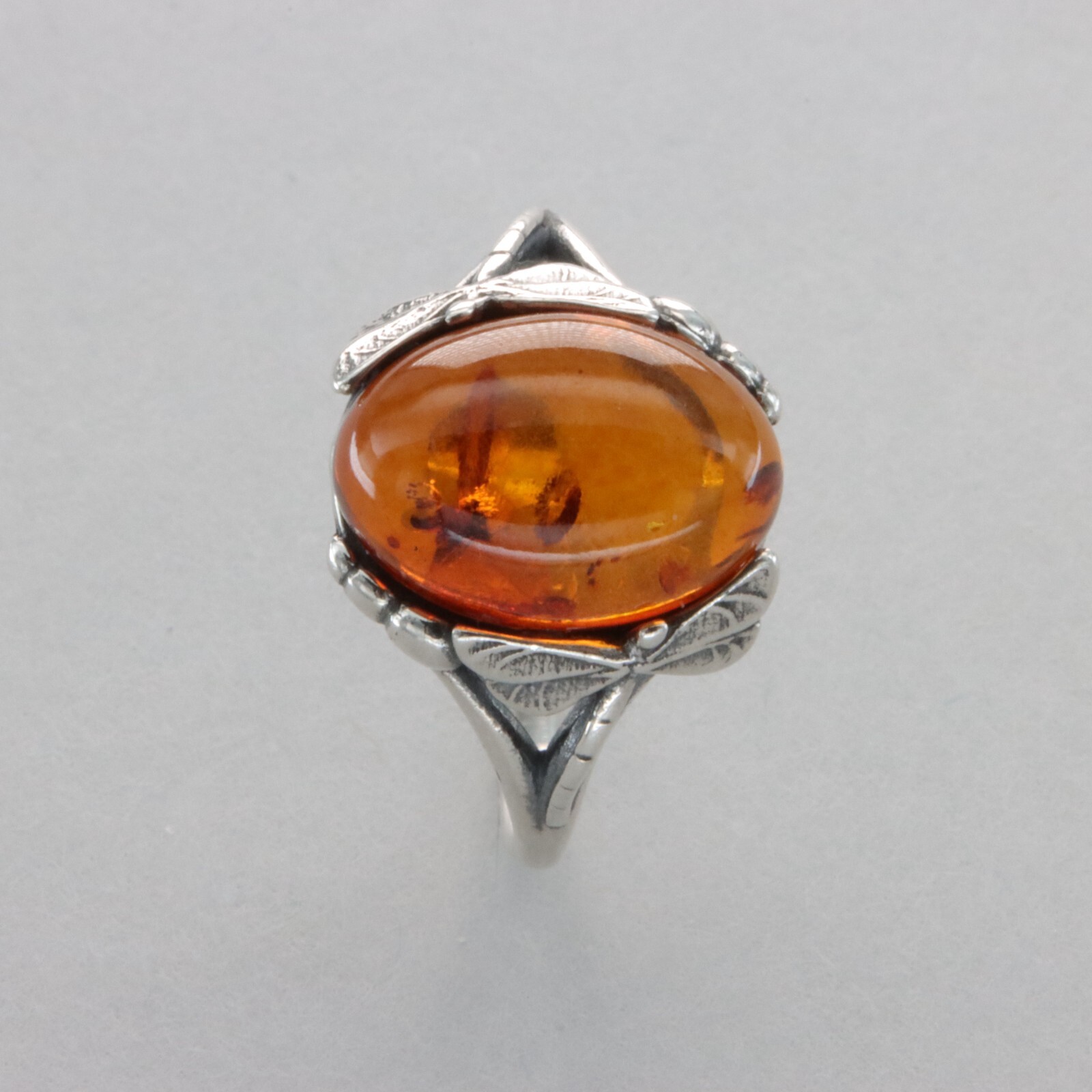 Oval Cognac / Brown BALTIC AMBER Dragonfly Ring 925 STERLING SILVER Poland #58e
