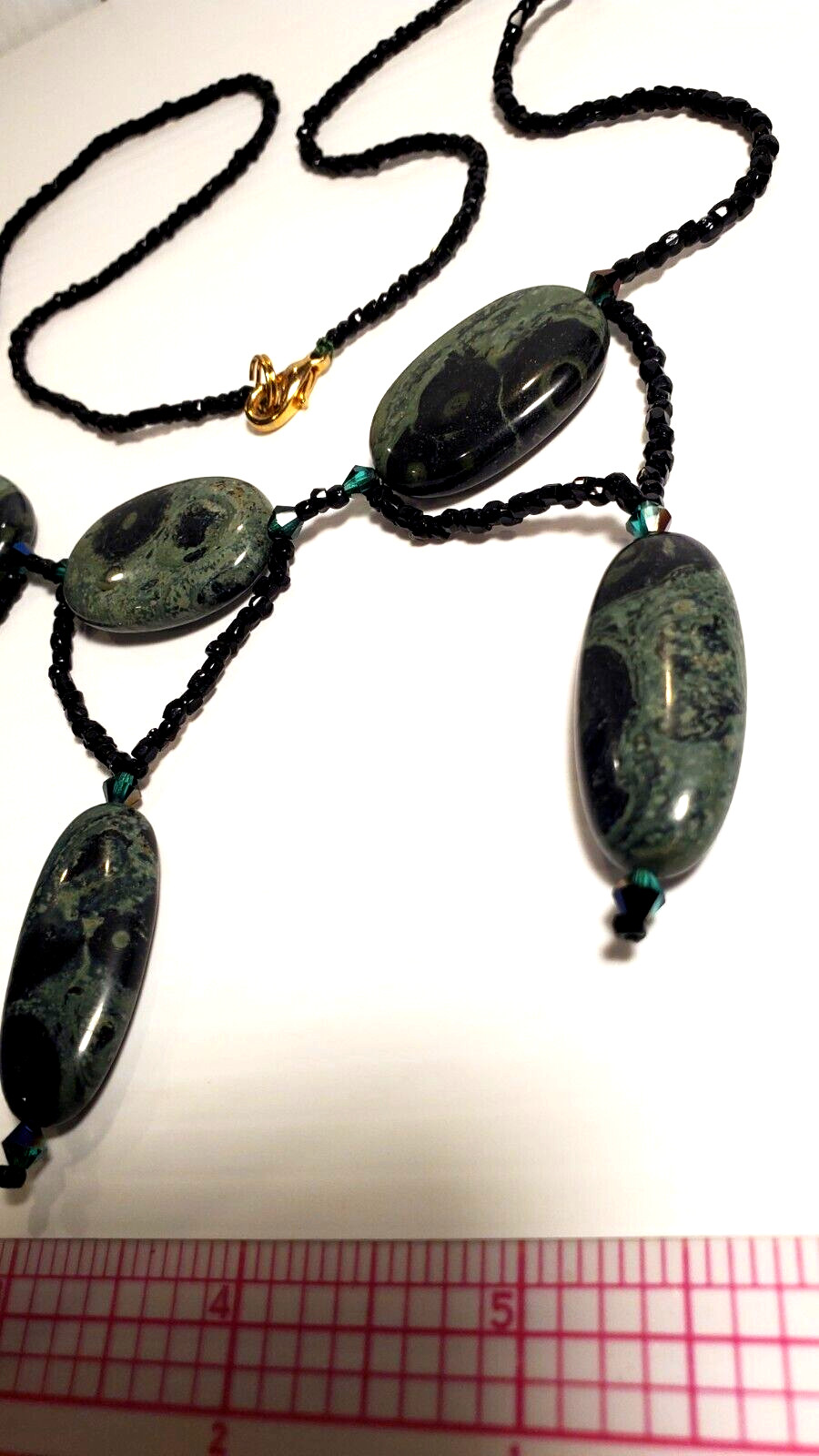 Black & Deep Green Natural Forest Jasper Stone 27″ Length Festoon Necklace OOAK
