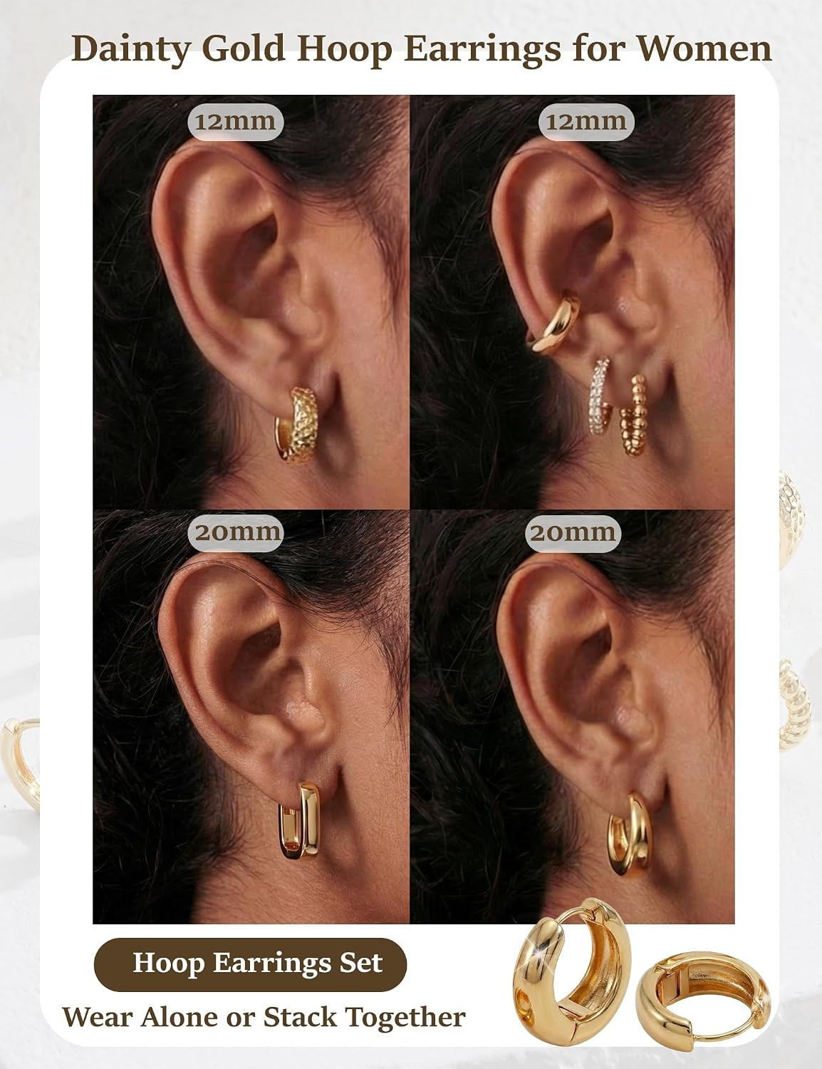 Small Chunky Gold Hoop Earrings for Women 6 Pairs, Multipack Jewelry Gifts | Hug