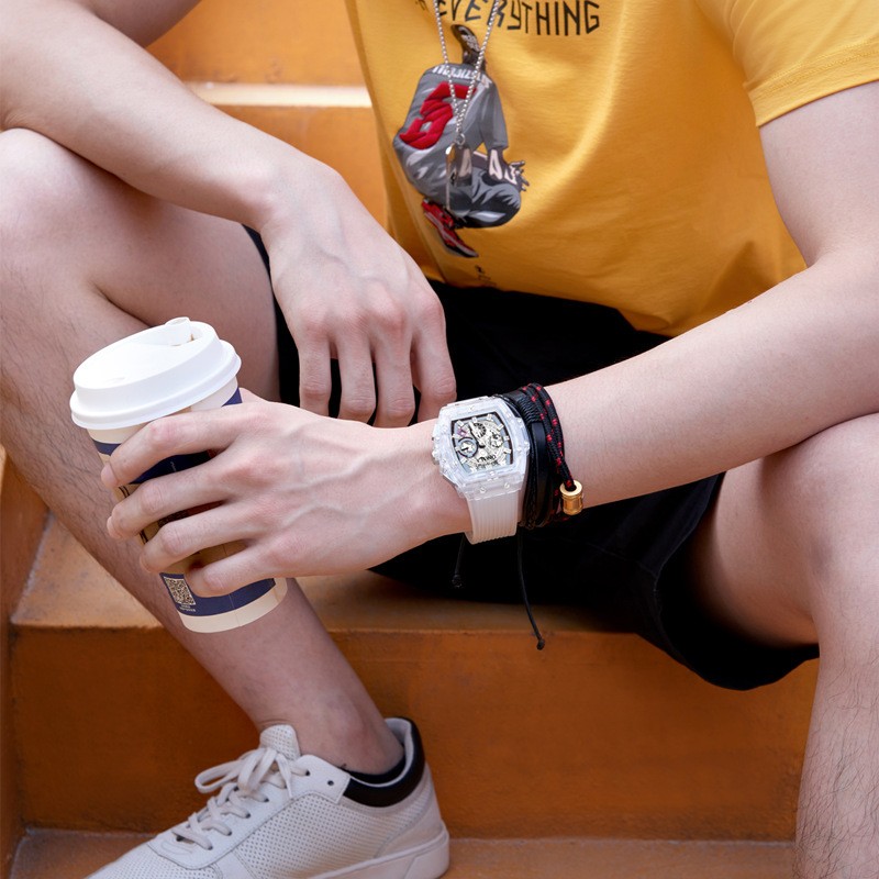 Luminescent men’s watch with transparent case