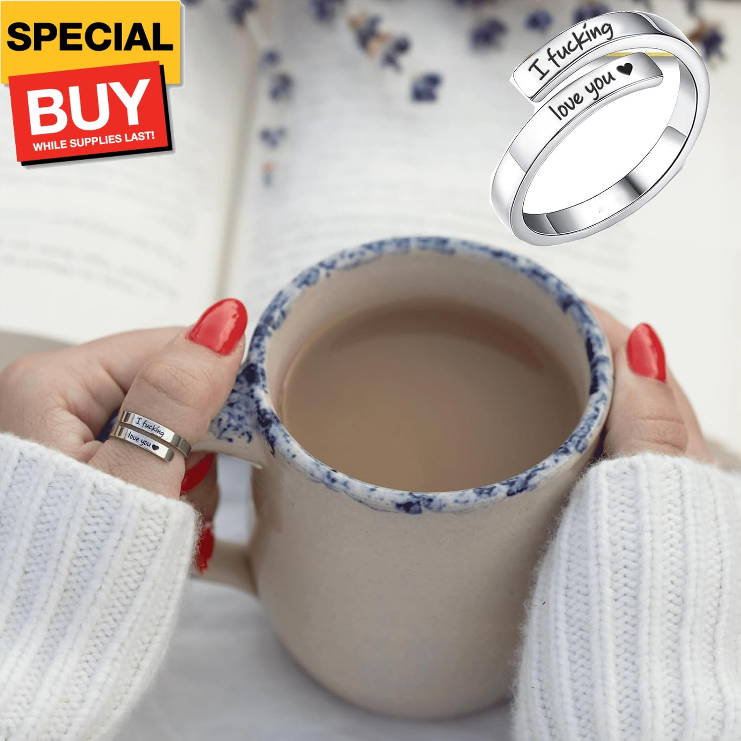I Fcking Love You Ring for Women, Open Adjustable Stainless Steel Engraved He…
