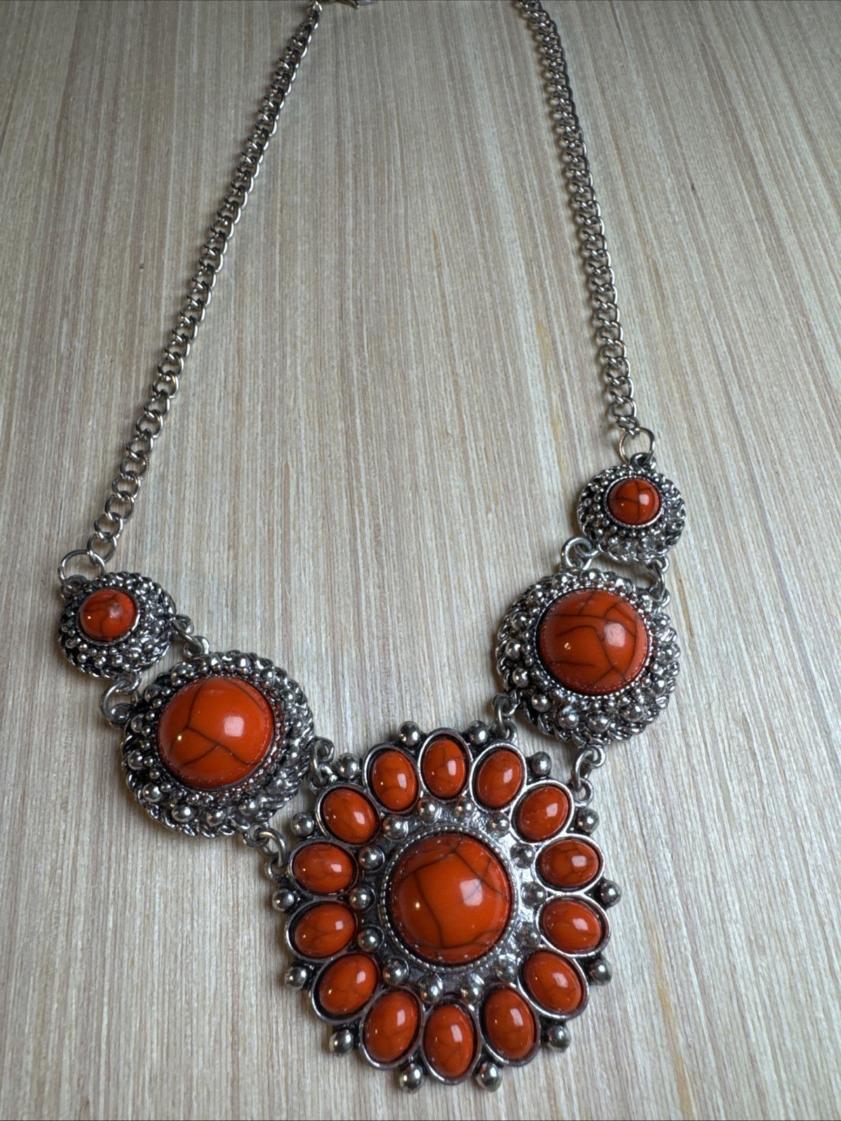 J CREW Crackle Burnt Orange Blood Stone Silver Statement Necklace ❤️