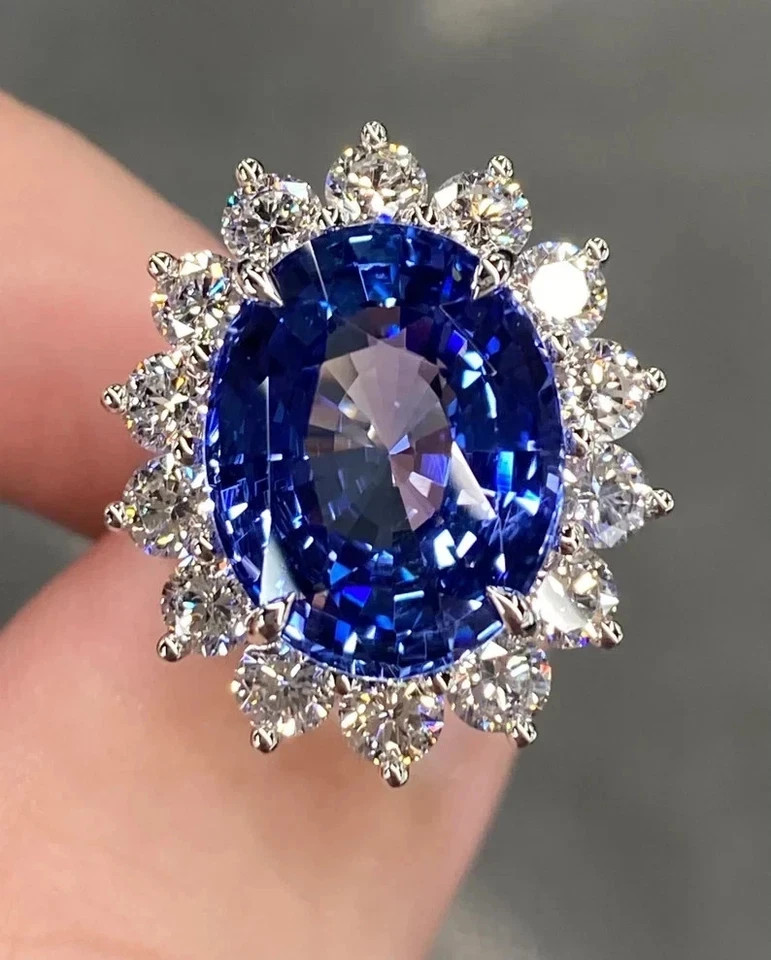 14.30Ct Oval Cut Natural Blue Sapphire Wedding Diamond Ring 18k White Gold 6,7,8