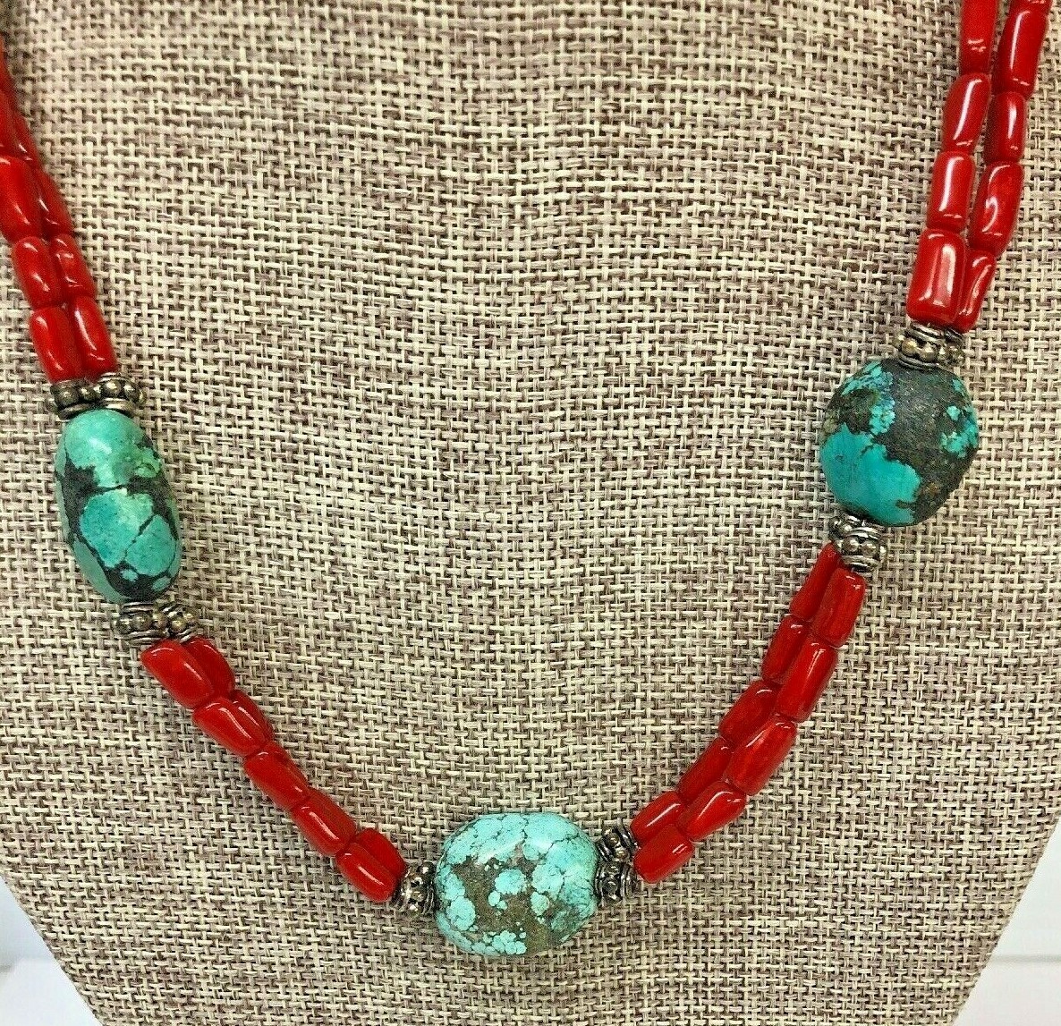 Sterling Silver Natural Beads Turquoise, Coral Necklace 19 1/2 inches
