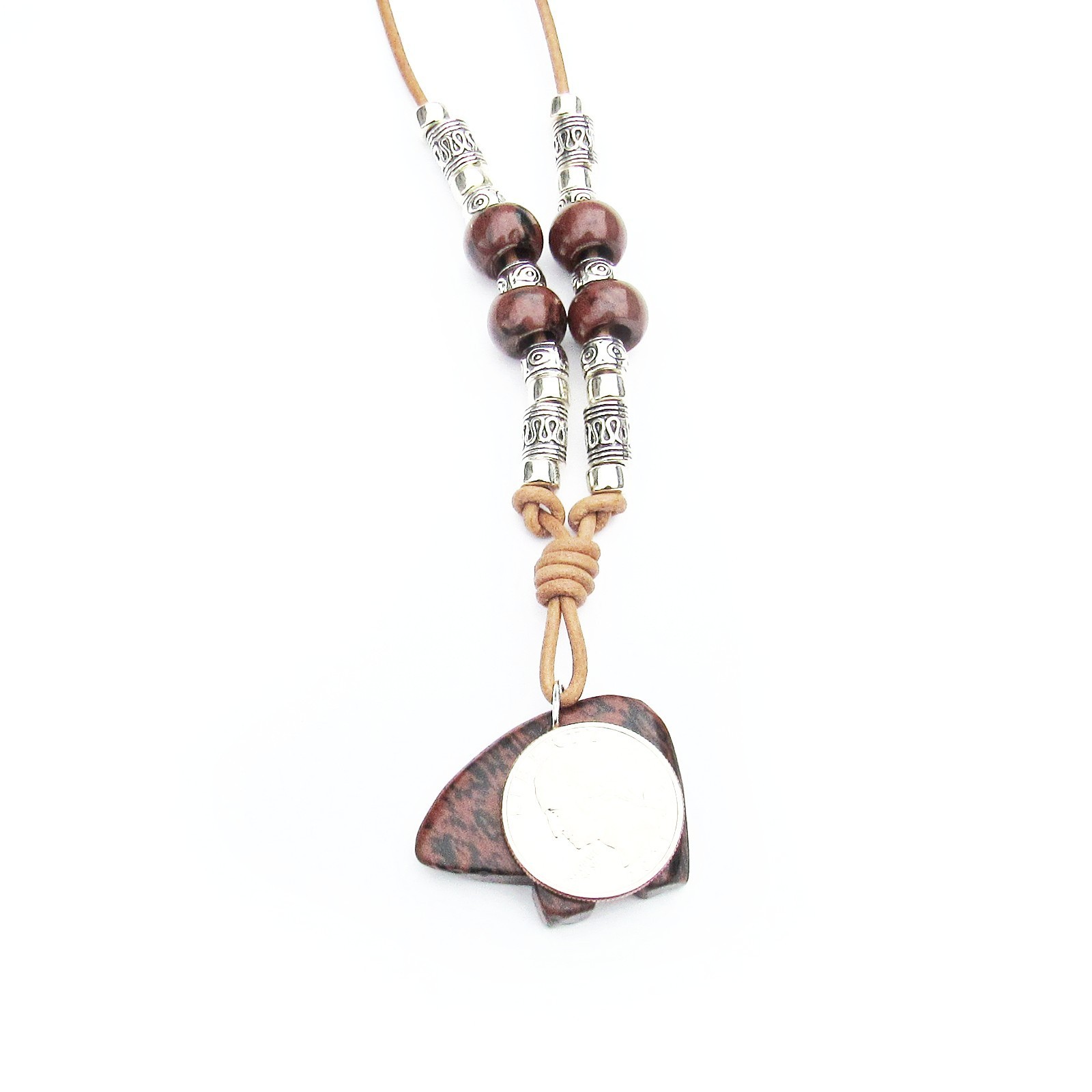 Fetish Mahogany Obsidian Bear, Long Real Leather Natural Tan Necklace,