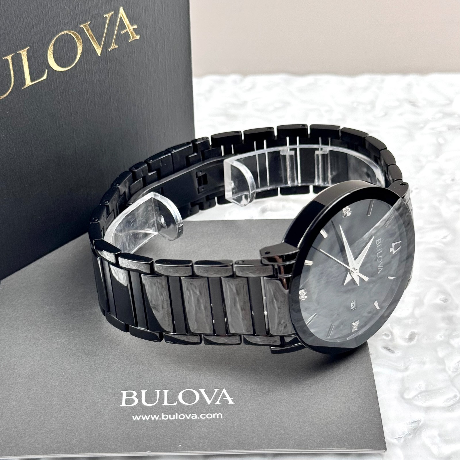 BULOVA Men’s Futuro Modern 98D144 Black Quartz Diamond Calendar Watch 42MM