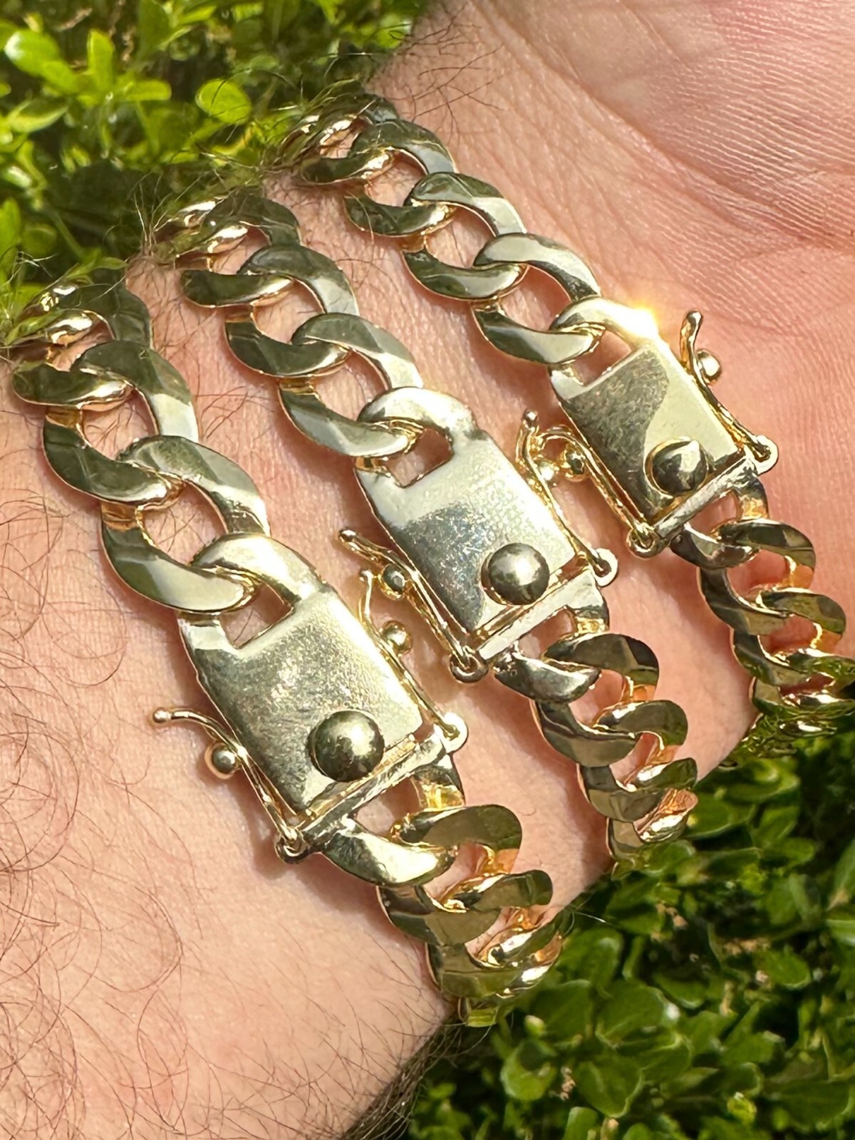 Flat Curb Cuban Link Chain Bracelet Real 14k Gold Plated 925 Silver Box Clasp