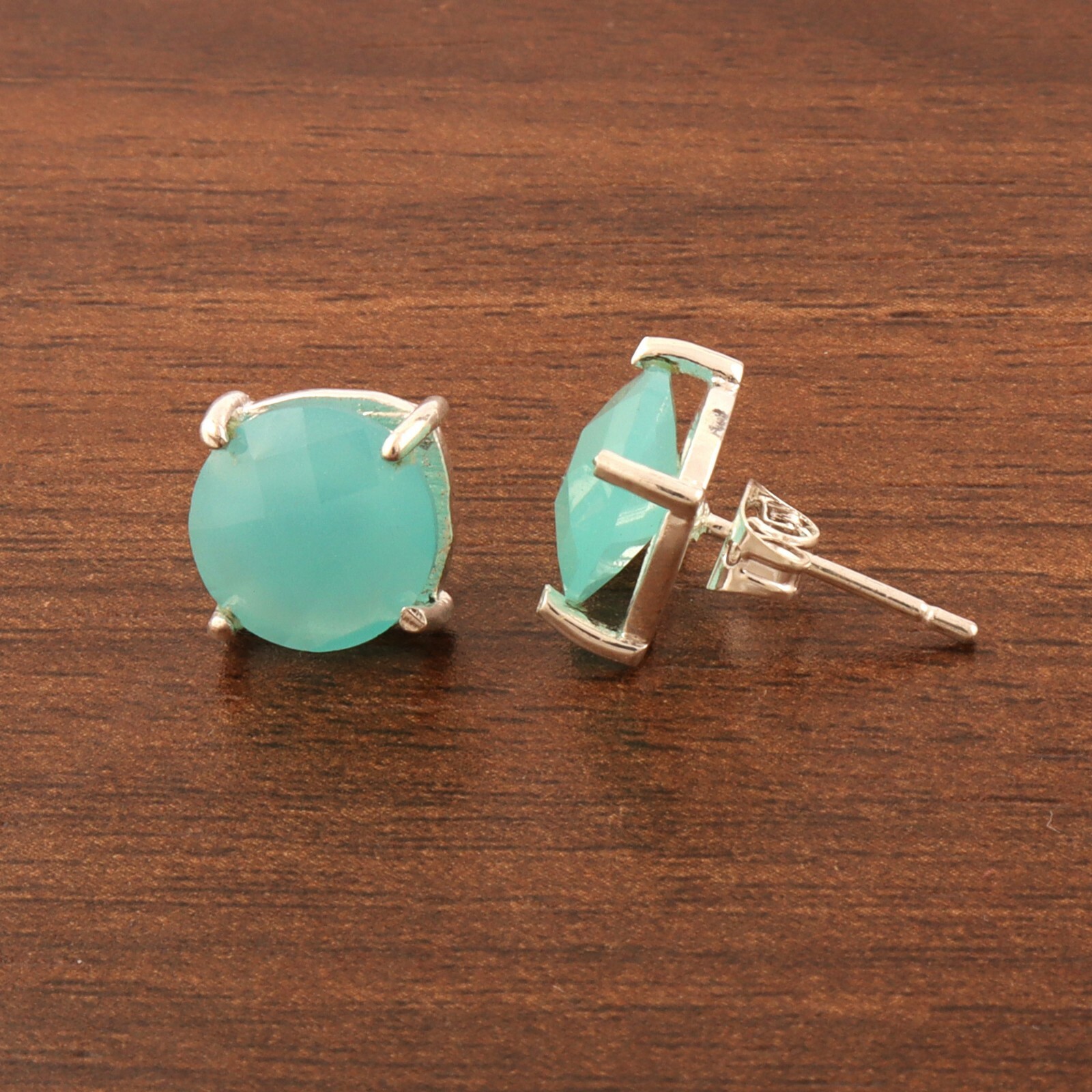 Prong Setting Aqua Chalcedony Silver Plated Round Shape Stud Earrings For Girls