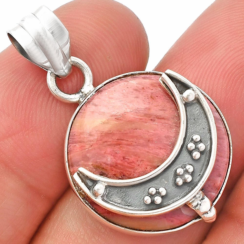 Crescent Moon – Pink Tulip Quartz 925 Sterling Silver Pendant Jewelry P-1719