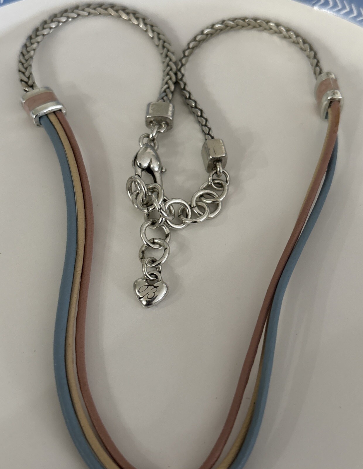 Vintage Chain and Leather Choker Necklace with Metal and Enamel Pendant