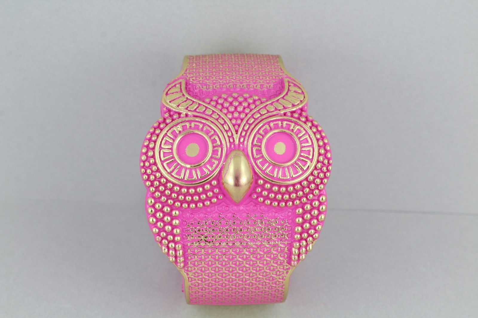 Owl bracelet Pink Gold carved textured bird plastic hinged bangle cuff