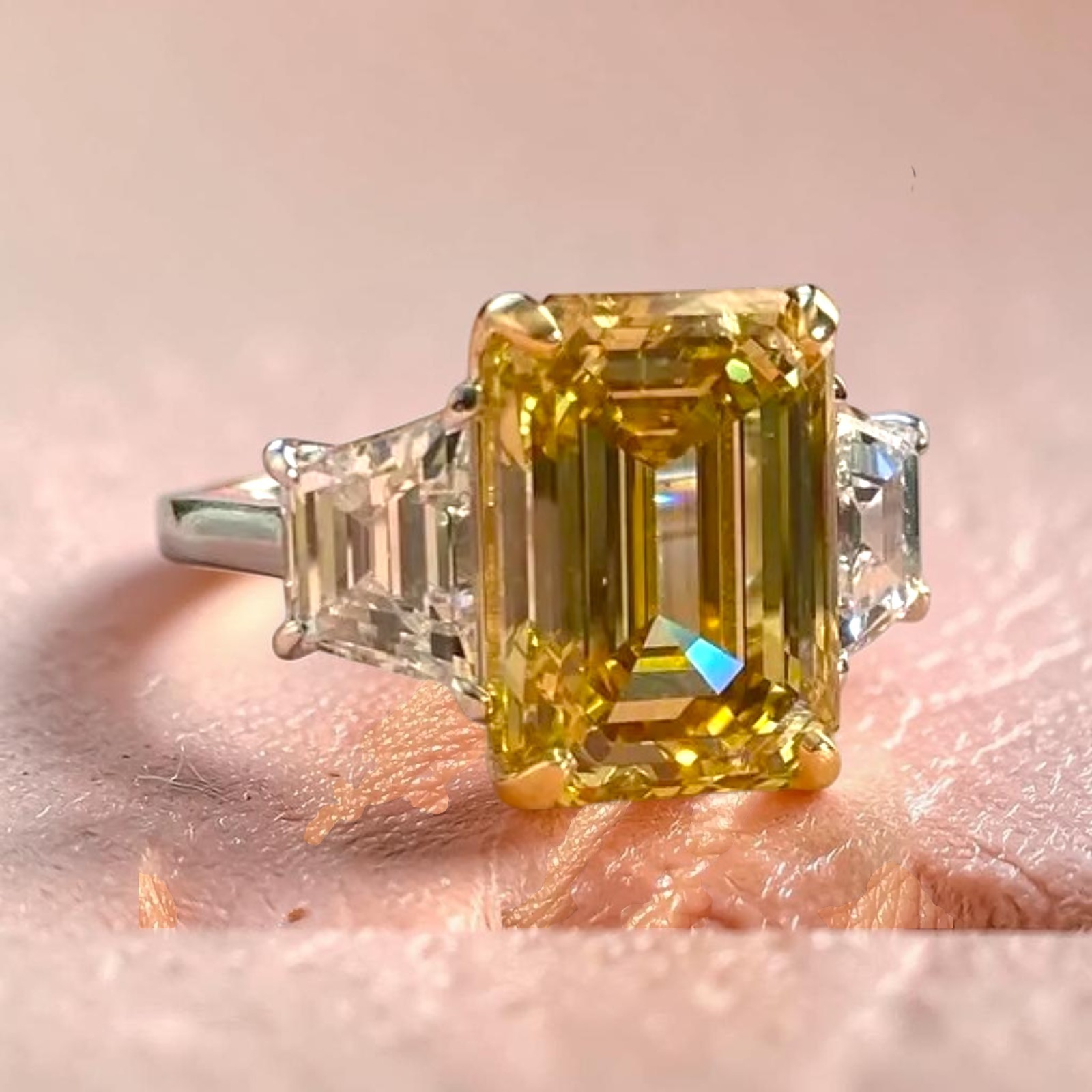 Fancy Vivid Yellow Diamond Ring 18K Multi Gold IGI Lab Grown 5.00 Ct Emarald Cut