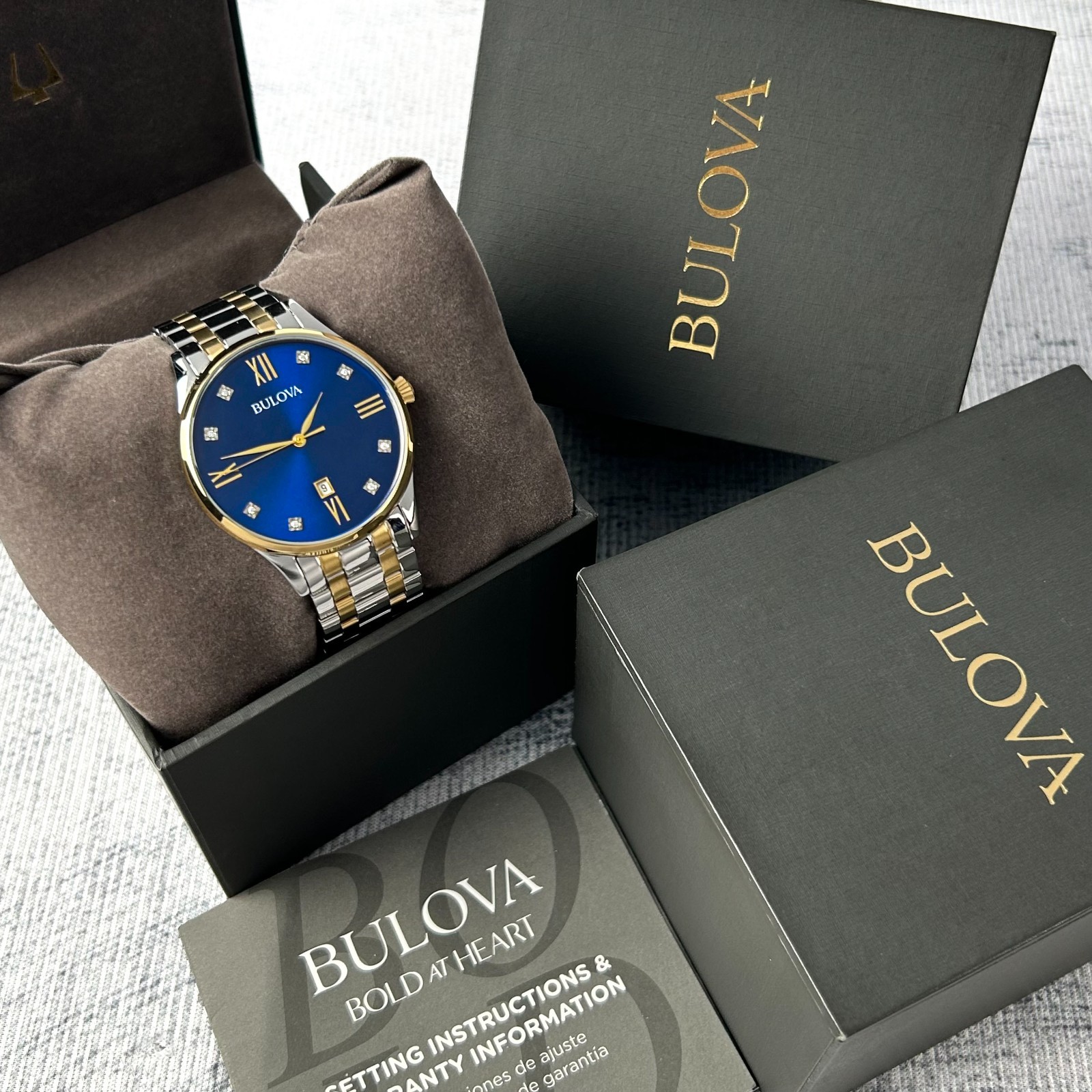 Bulova Men’s Classic Two Tone Diamond Blue Dial 98D130 Quartz Watch 40mm