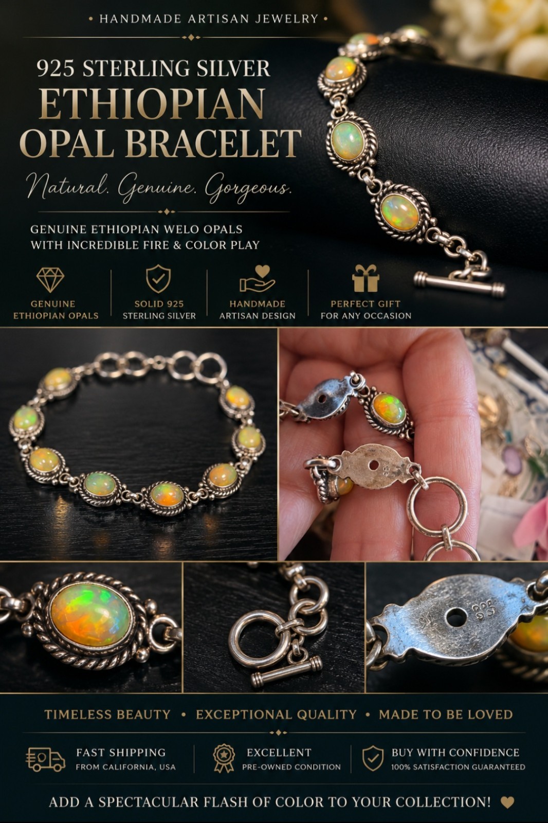 Handmade 925 Sterling Silver Ethiopian Opal Toggle Link Bracelet 7.5″ Welo Fire