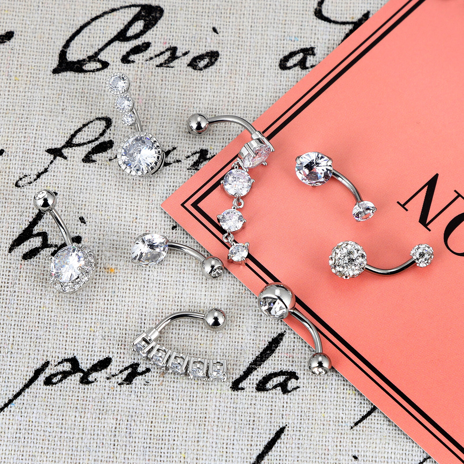 8Pcs Rosegold & Silver Stainless Steel CZ Navel Belly Button Rings Piercing Set