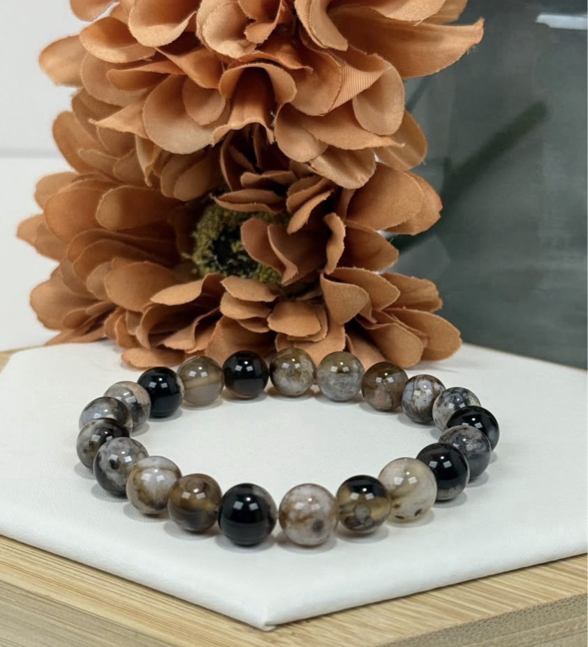 Flower Agate Black Bead Bracelet 9.7MM