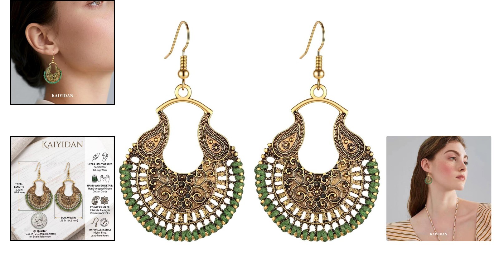 Boho Vintage Dangle Earrings: Handwoven Green Bronze for Everyday Elegance