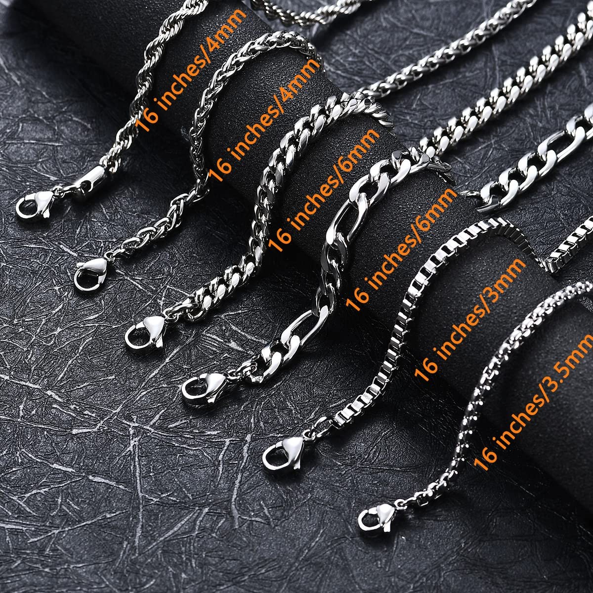 6 Pcs Silver Chains, Stainless Steel Cuban Link/Rope/Box/Figaro/Square Rolo – 01