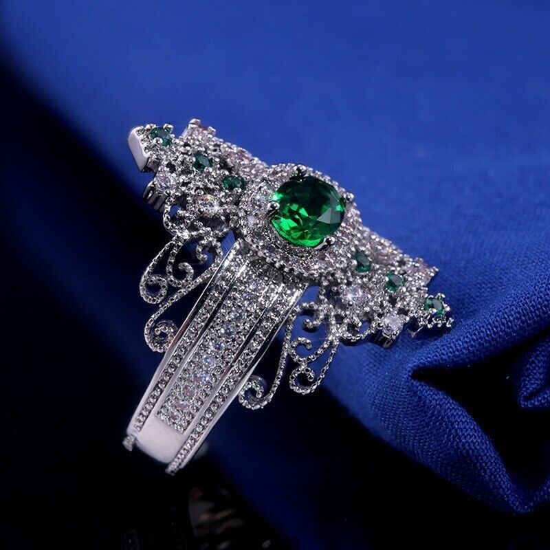 Authentic Vintage Style Wedding Ring Silver Plated 2.12 Ct Simulated Emerald