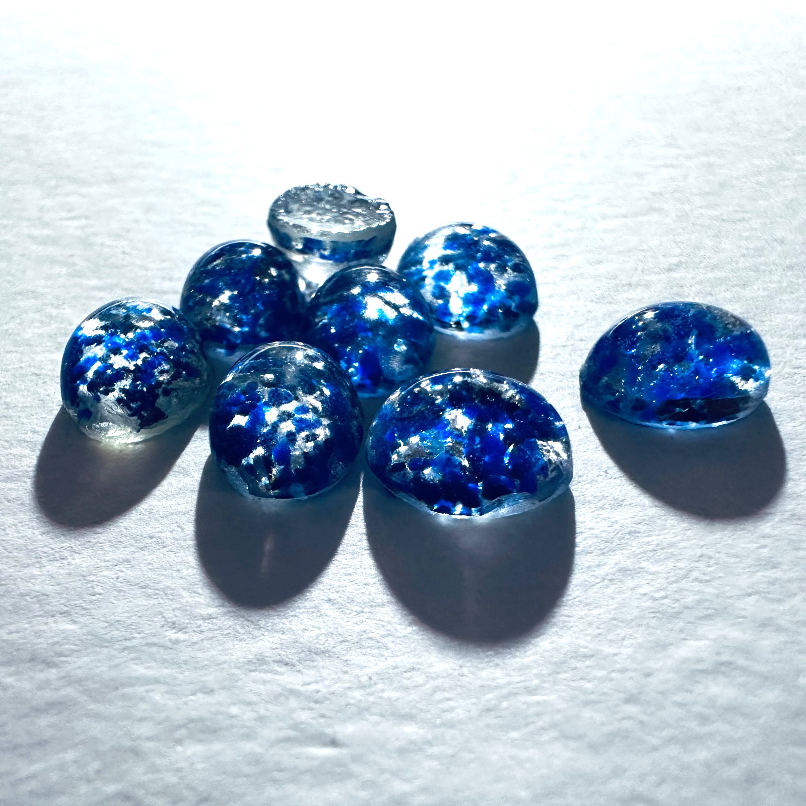 AL1046 Vintage glass cabochons 10x8mm oval blue silver foil opal unfoiled (8)
