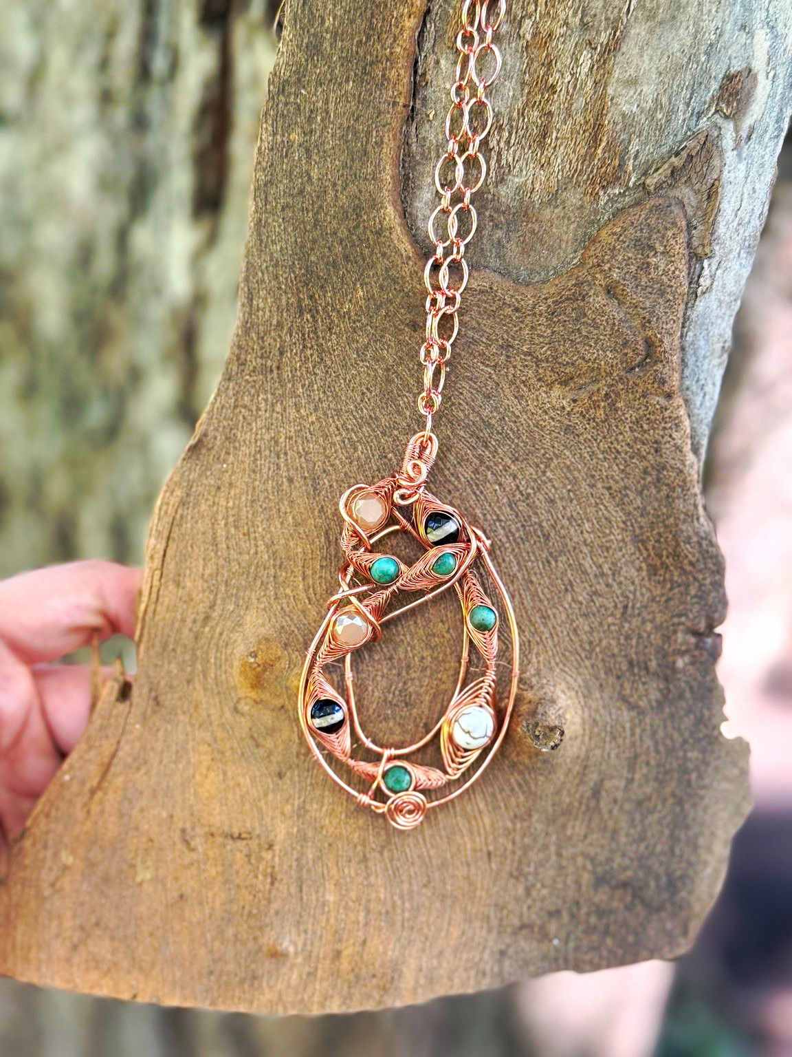 Handmade Copper Wire Wrapped Pendant Necklace Western Boho Beaded Jewelry