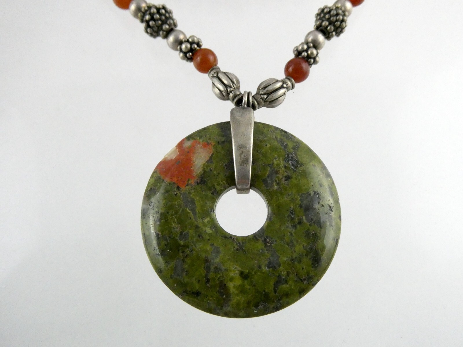 Sterling Silver Unakite Carnelian Double Strand Pendant Necklace 925 44.5g 15 In