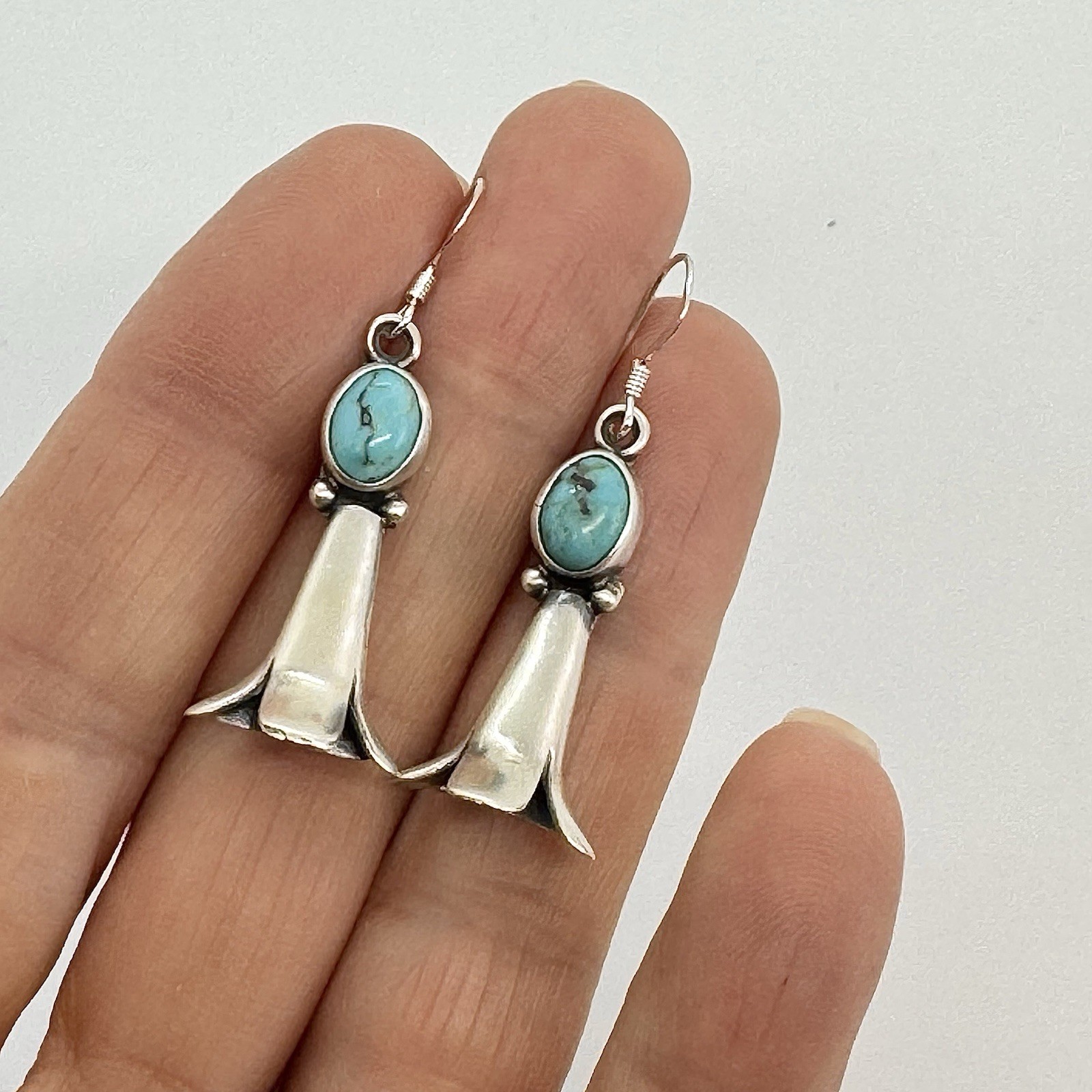 Navajo Turquoise Squash Blossom Dangle Earrings Sterling 1 5/10″ by R Martinez