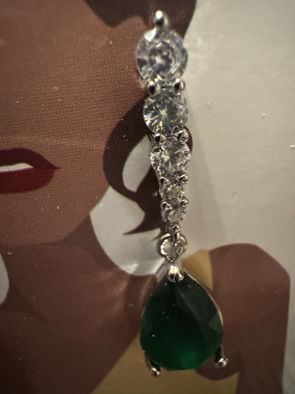 Silver Tone Dangle Drop Earrings Green Teardrop Stone & Clear Rhinestones