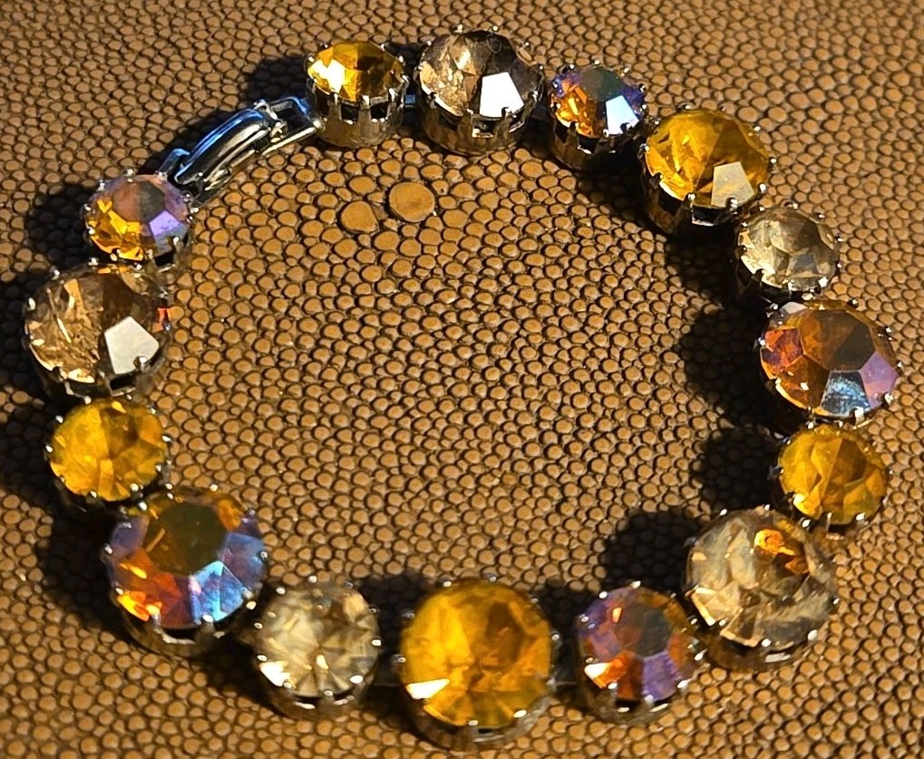 Vintage Faux Topaz Citrine Glass AB Rhinestone Bracelet 7.5 Inch Estate Jewelry