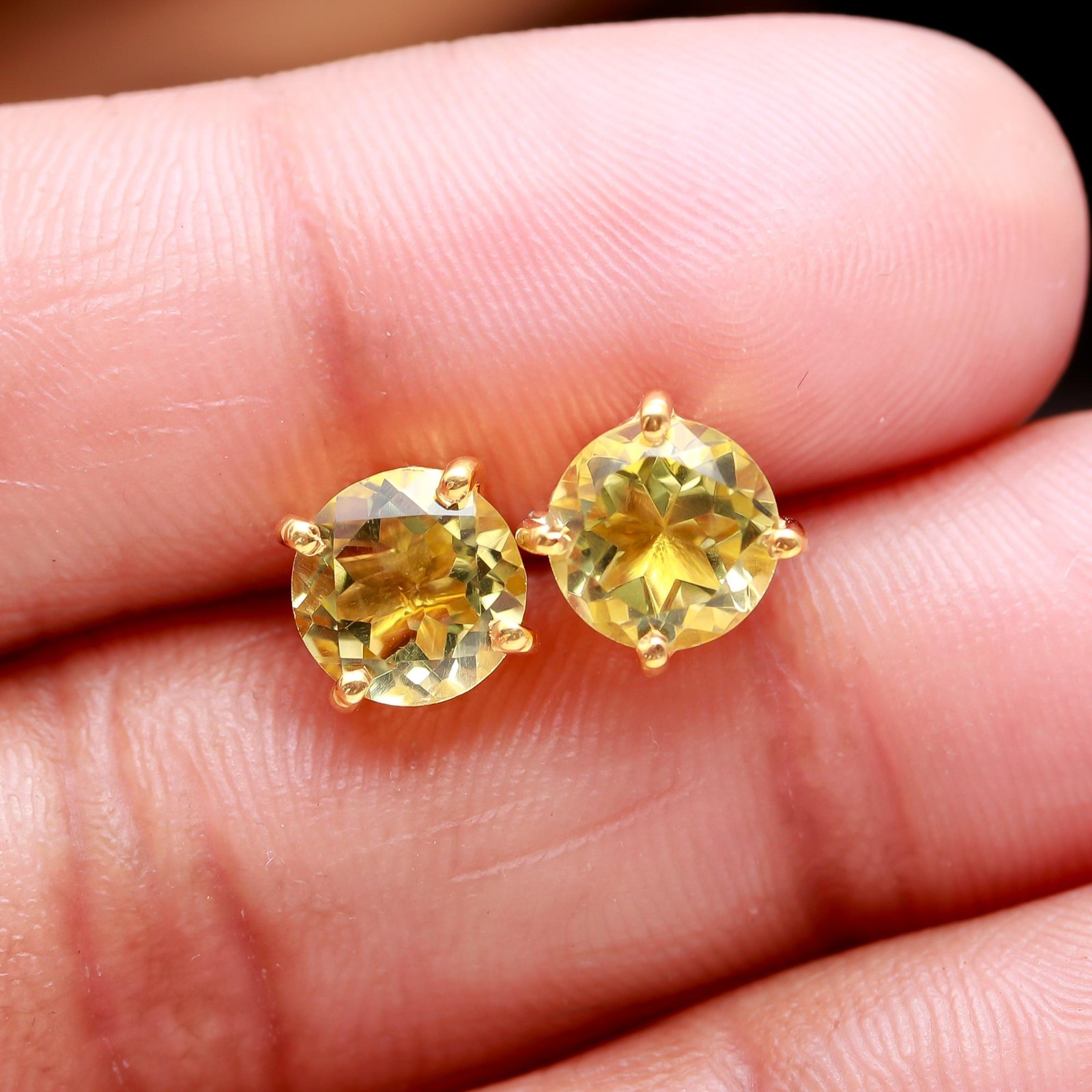 Natural Lemon Quartz Round Stud Earrings Gold Plated 925 Sterling Silver Jewelry