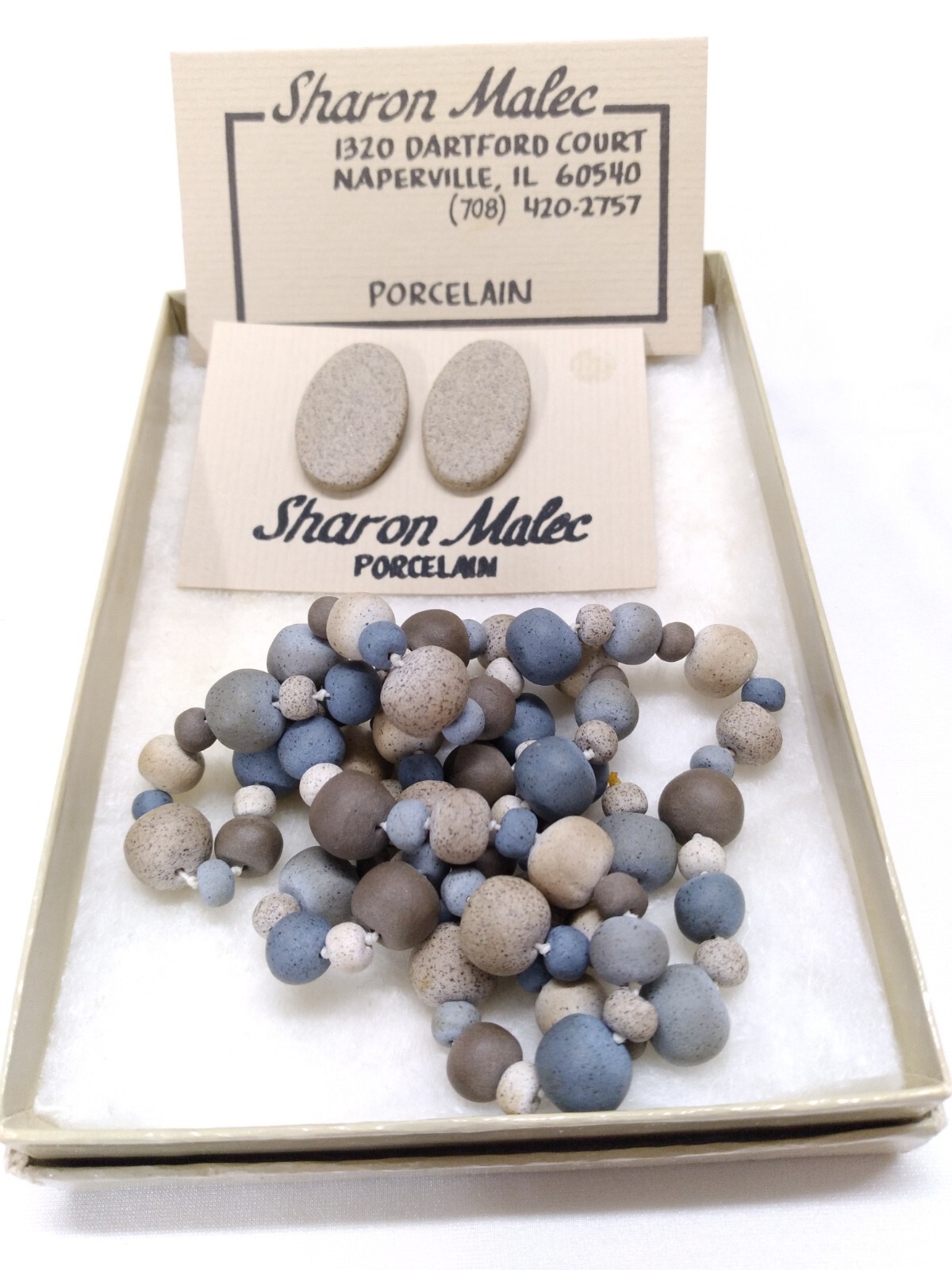 Ceramic brown & blue Beaded Necklace & Earings Artisan hand Crafted In USA