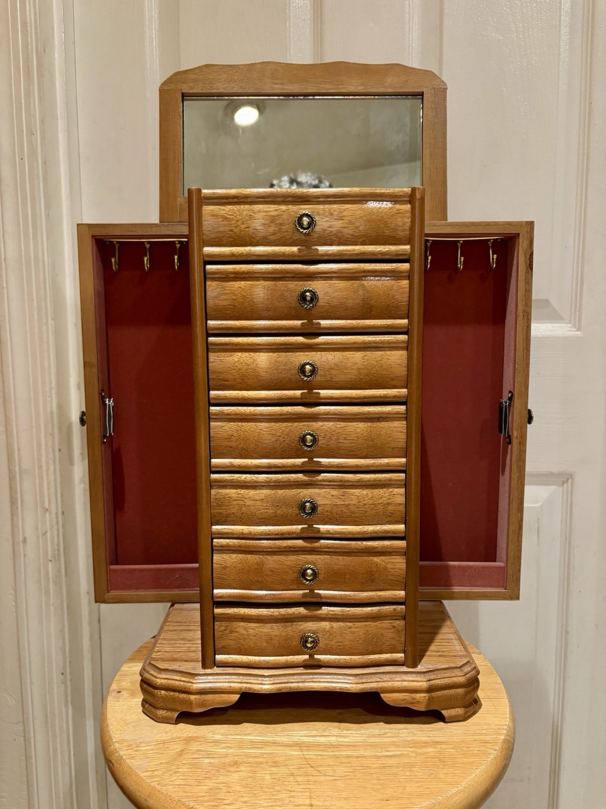 Vintage Wooden Jewelry Armoire Box Tower 7 Drawer Flip Mirror Necklace Doors⁠