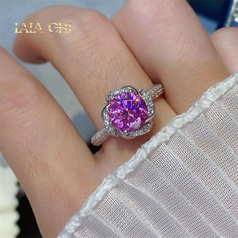 Round Pink Moissanite Women Ring Band 1CT 2CT VVS1/D Real 925 Silver Pass Tester