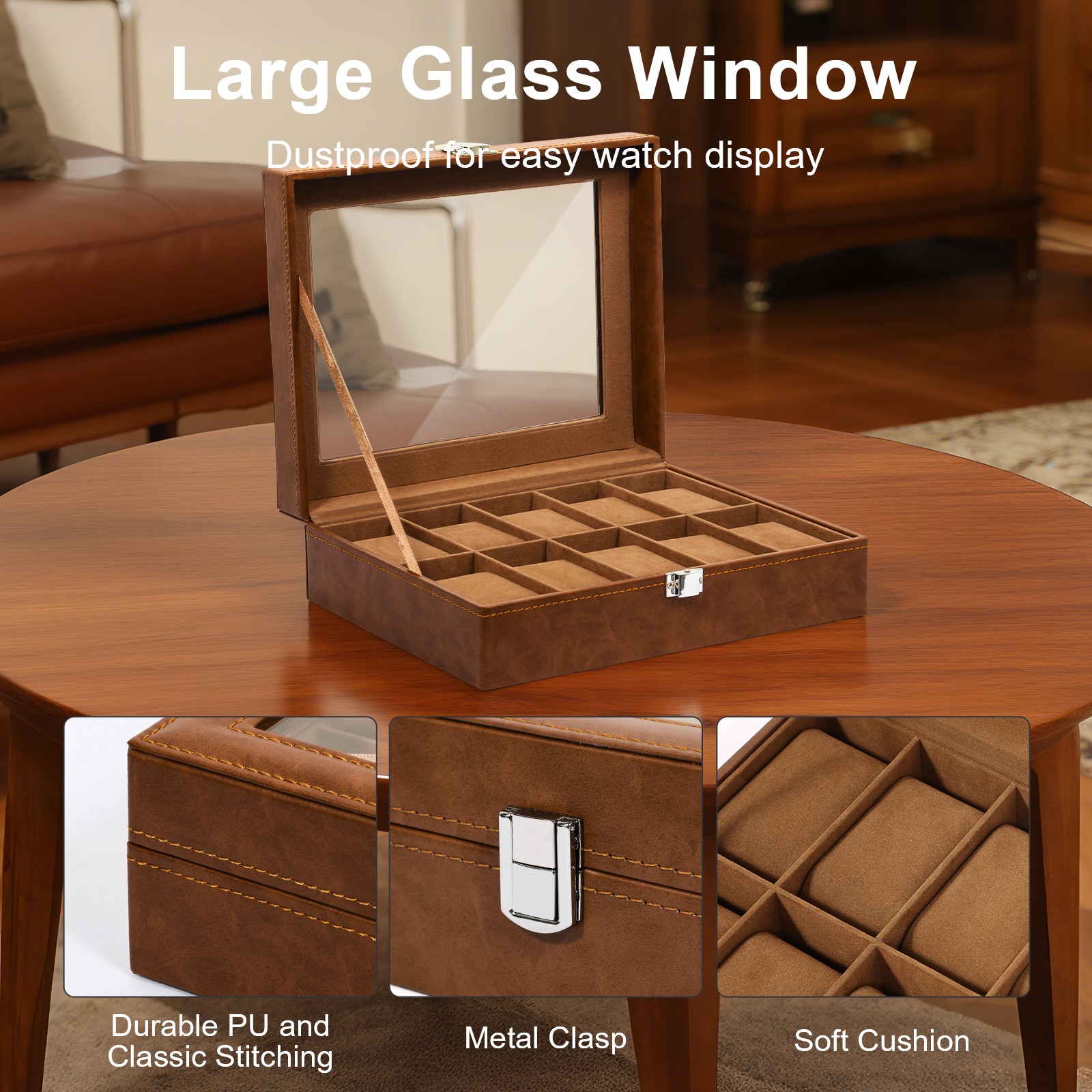 10 Slots Watch Box PU Leather Display Case Jewelry Organizer Box w/Glass Lid NEW