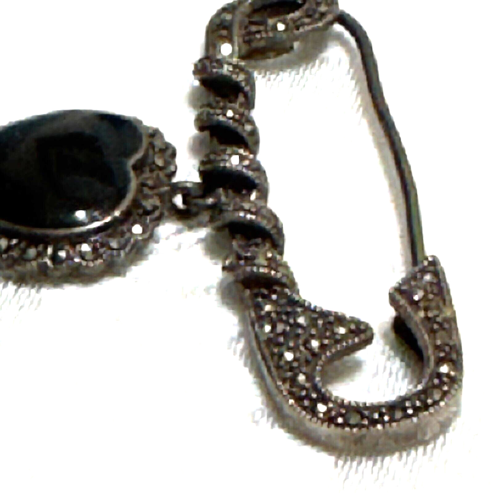 925 Sterling Silver Vintage Black Onyx Marcasite Brooch Safety Pin Heart 9.45g