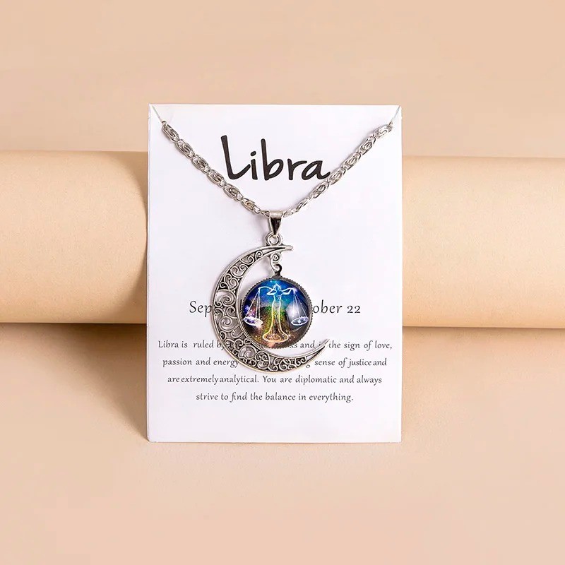 Moon Shaped Zodiac Sign Necklace Horoscope Astrological Pendant with 17″ Chain