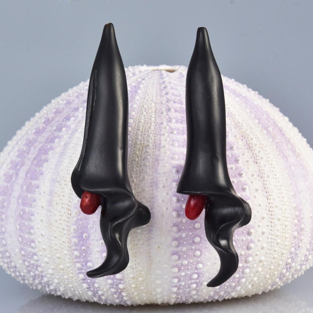 Trumpet Flower Earring Pair Carved Black Horn & Red Sponge Coral drilled 6.80g