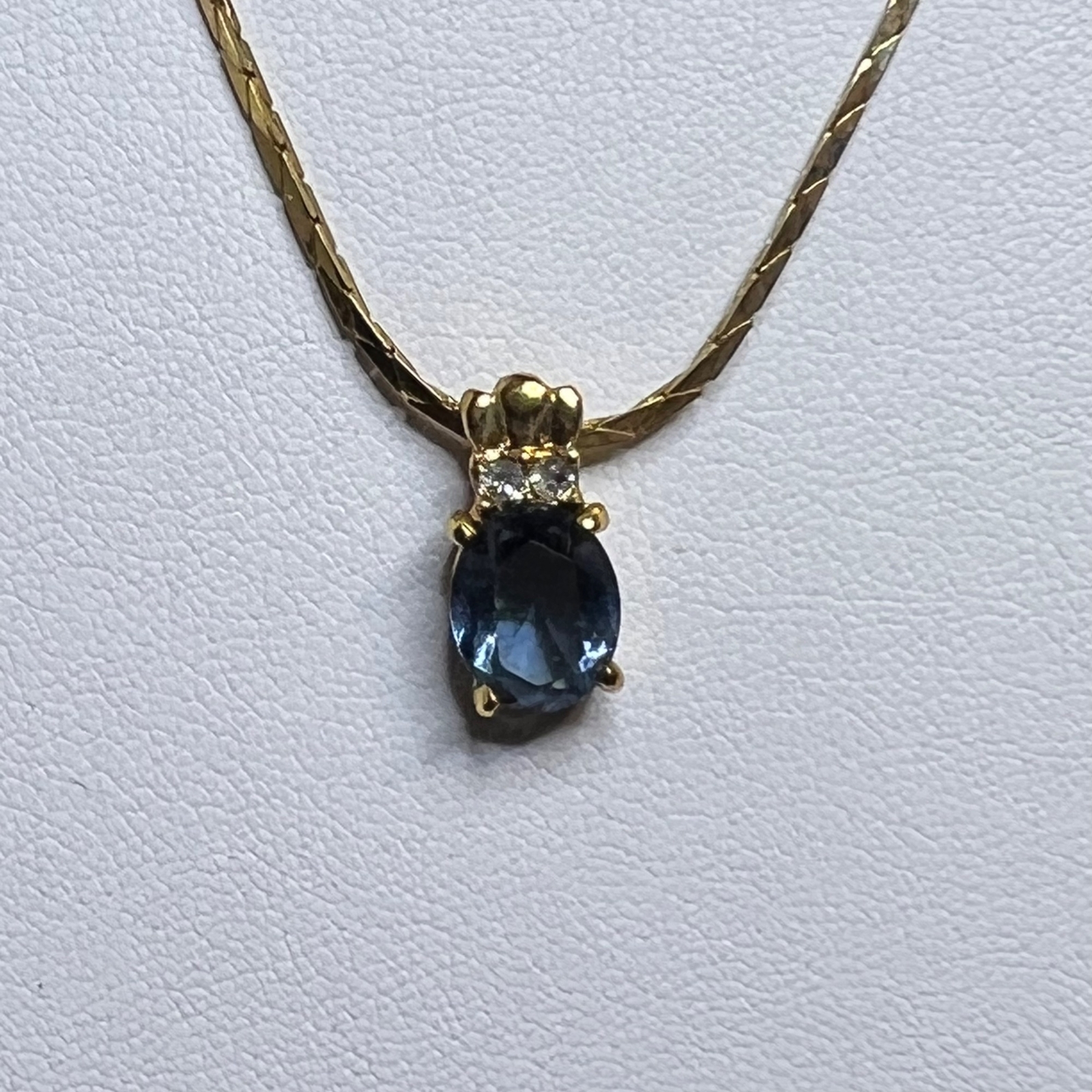Vintage Gold Tone Triangle Chain Necklace With Blue & Clear Rhinestones (3372)