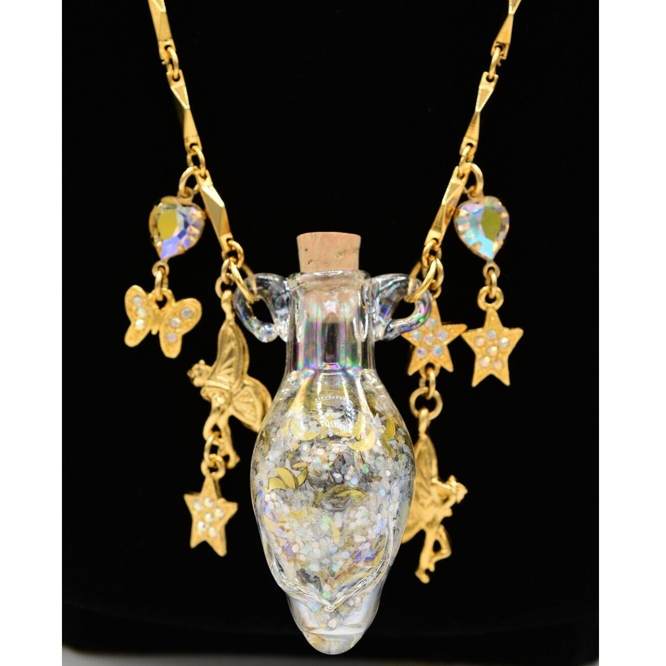 Kirks Folly Bottle Necklace Pixie Glitter Charm Crystal Rhinestone Gold NOS BOX