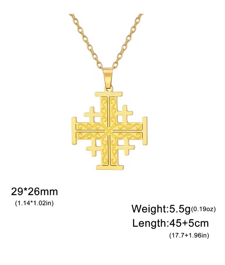 Gold Stainless Steel Jerusalem Cross pendant + 45cm (17.7in) chain and 2 in ext