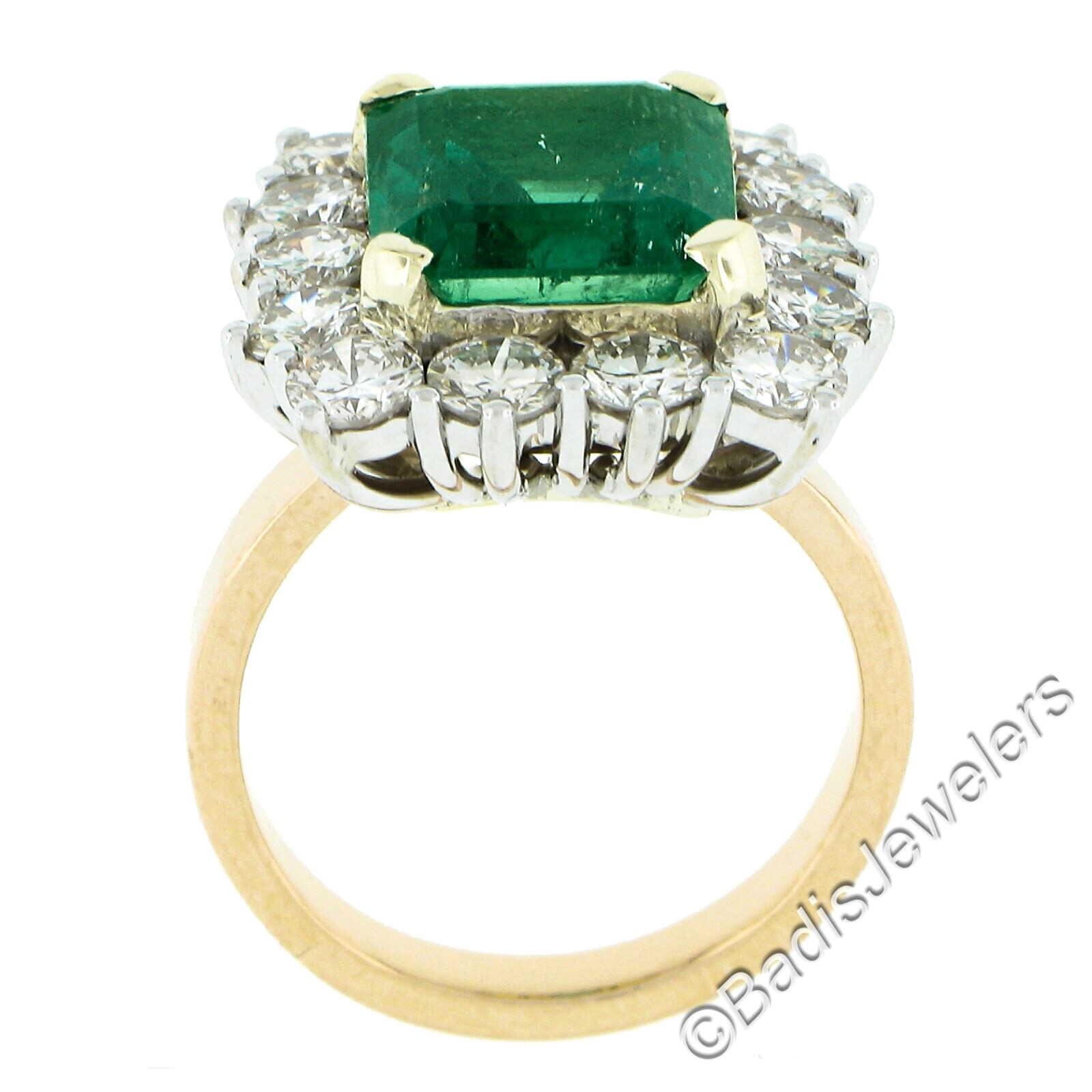 Vintage 18k Gold 7.83ctw AGL Colombian Emerald & Diamond Halo Cocktail Ring