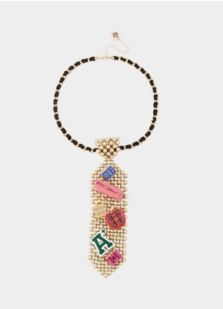 Betsey Johnson school TIE Charm Gold Beaded Long Pendant NWT MSRP ~ $148
